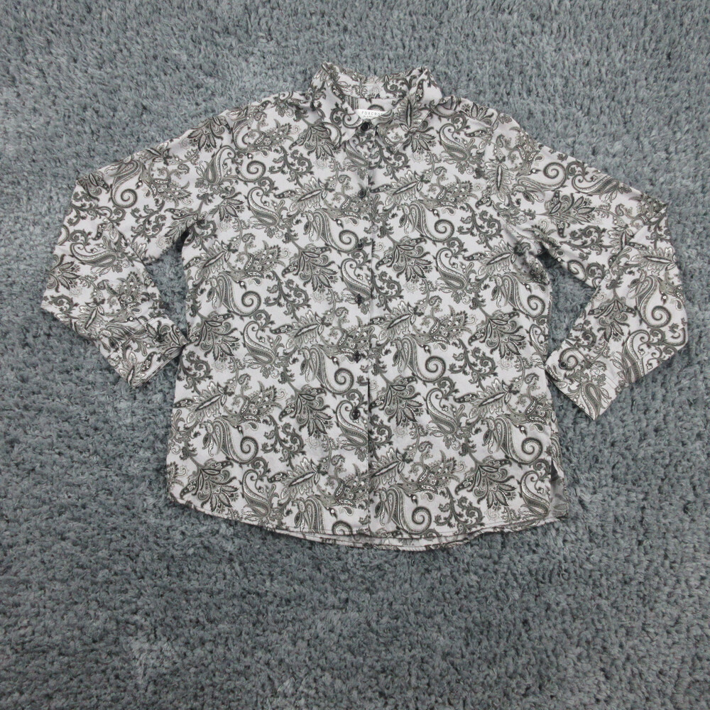 Foxcroft Shirt Womens 12 Gray Black Shaped Geometric Floral Long Sleeve